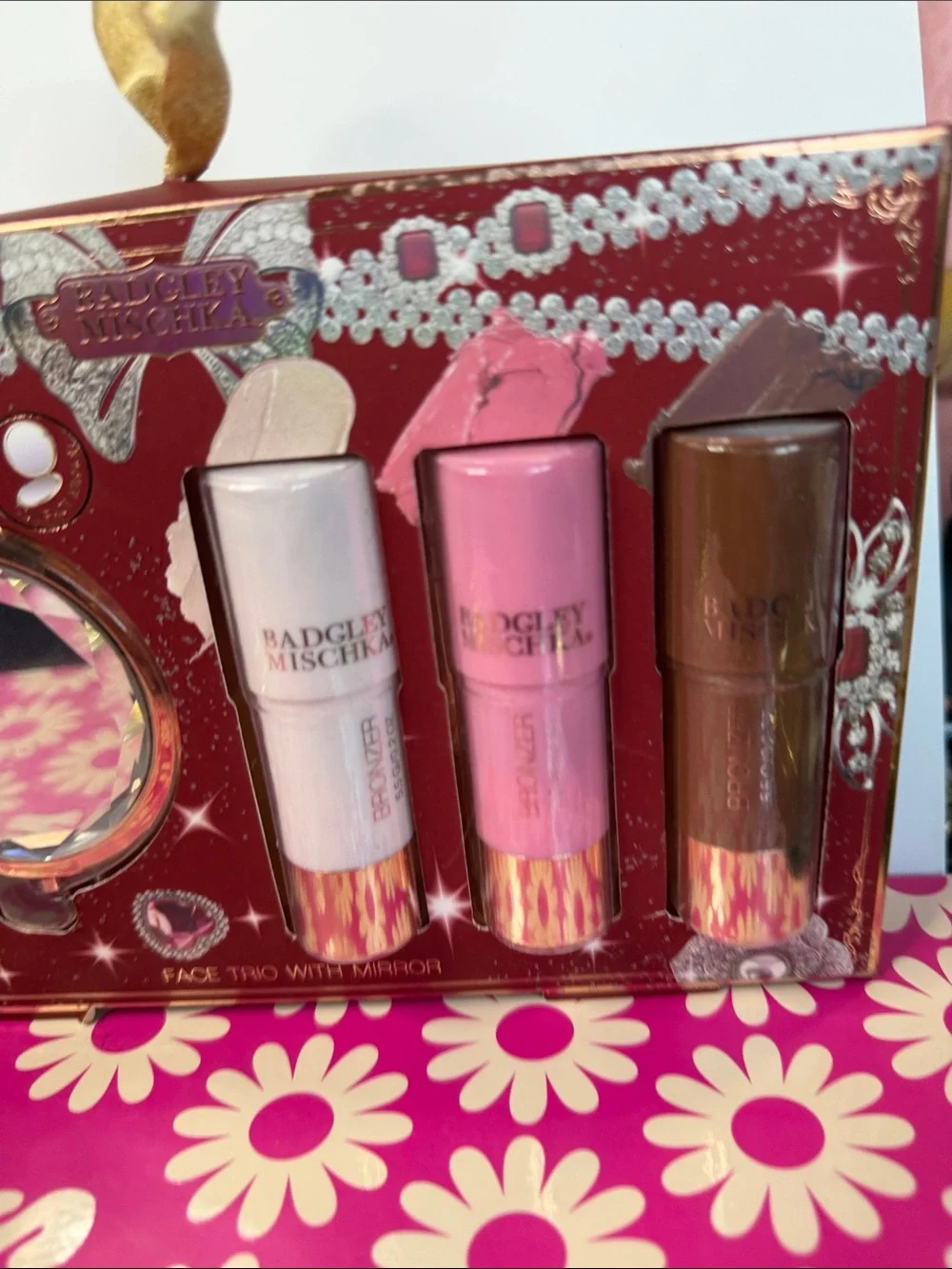 Badgley Mischka Pink and Brown Face Trio with Mirror